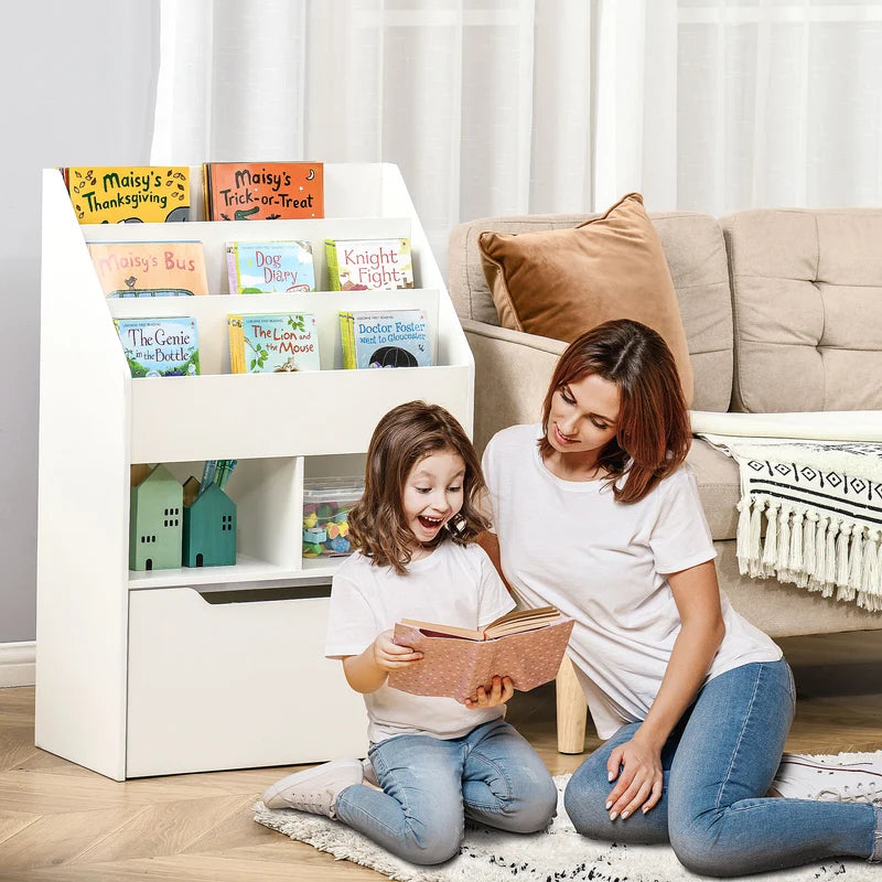 Kids Bookcase Multi-Shelf Book Rack with Mobile Drawer – White
